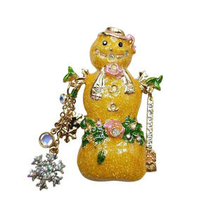 Kirks Folly Gold Snowman Brooch With Rhinestones Snowflakes Floral Accents
